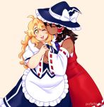  2girls ahoge ascot bare_shoulders blonde_hair blue_neckwear body_blush bow bowtie breasts brown_hair cheek_kiss claud_(potetew) closed_eyes commission commissioner_upload dark_skin detached_sleeves fat hair_tubes hakurei_reimu happy hat hat_theft hug hug_from_behind huge_breasts kirisame_marisa kiss messy_hair multiple_girls muscle muscular_female one_eye_closed open_mouth simple_background skirt skirt_set thick_eyebrows toned touhou vest wavy_hair wide_hips witch_hat wrist_grab yellow_eyes yuri 
