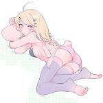  1girl :o ahoge akamatsu_kaede alternate_costume bangs barefoot blonde_hair blush breasts bunny_tail commentary_request dangan_ronpa eyebrows_visible_through_hair fake_tail feet from_side full_body hair_ornament hairclip long_hair long_sleeves looking_at_viewer lying new_dangan_ronpa_v3 open_mouth pillow pink_shorts purple_legwear short_shorts shorts simple_background solo tail thigh-highs thighs violet_eyes white_background zang_li 