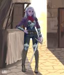  1girl ciov commission dark_elf dungeons_and_dragons elf english_commentary hair_behind_ear hand_on_hip highres holding holding_sword holding_weapon looking_at_viewer original pointy_ears purple_lips purple_skin solo standing sword violet_eyes weapon white_hair 