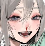  1girl :d bad_id bad_twitter_id bangs blood blue_eyes close-up eyelashes face fang from_side grey_hair hair_between_eyes half-closed_eyes lower_teeth nosebleed open_mouth original smile solo sweat tearing_up teeth thick_eyebrows uomi_(eqtjc) upper_teeth 
