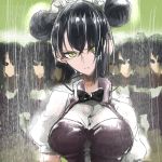  1girl agent_(girls_frontline) asymmetrical_hair bangs black_dress black_hair black_neckwear blurry blurry_background bow bowtie breasts buttons clone commentary_request double_bun dress eyebrows_visible_through_hair eyes_visible_through_hair frown girls_frontline glaring green_sky hair_between_eyes hair_over_one_eye head_tilt highres large_breasts maid_headdress myouta outdoors puffy_short_sleeves puffy_sleeves rain shirt short_hair short_sleeves upper_body v-shaped_eyebrows wet white_shirt yellow_eyes yellow_pupils 