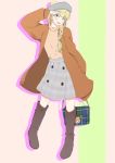  1girl :d alternate_hairstyle arm_up bag bangs black_footwear blonde_hair blunt_bangs blush boots braid brown_coat brown_shirt casual coat commentary_request drop_shadow full_body green_background grey_headwear grey_skirt hat holding holding_bag katou_asuka long_hair looking_at_viewer mochamillll open_clothes open_coat open_mouth pink_background plaid plaid_skirt salute shirt shirt_tucked_in skirt smile solo two-tone_background watashi_ga_motenai_no_wa_dou_kangaetemo_omaera_ga_warui! 