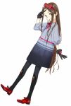  black_legwear bow brown_hair chacha_(fate/grand_order) dress fate/grand_order fate_(series) forehead gloves grin hairband horizontal_stripes long_hair looking_at_viewer pako pantyhose red_footwear shoes simple_background smile standing standing_on_one_leg striped v very_long_hair violet_eyes 