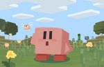 blush_stickers bomber_(kirby) bronto_burt clouds commentary_request creeper day flower grass highres kirby kirby_(series) minecraft nature outdoors pink_skin signature solo_focus suyasuyabi tree waddle_dee yellow_flower 