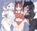  3girls akitsu_tombo animal_ears bare_shoulders black_gloves black_hair black_legwear black_sports_bra blue_eyes braid brown_eyes brown_gloves brown_hair brown_sports_bra brown_thoroughbred_(kemono_friends) buruma chestnut_thoroughbred_(kemono_friends) collarbone commentary_request cowboy_shot dark_skin elbow_gloves eyebrows_visible_through_hair fingerless_gloves gloves headgear highres horse_ears horse_girl horse_tail kemono_friends leggings midriff_peek multiple_girls one_eye_closed pantyhose ponytail short_hair sleeveless sports_bra sportswear tail white_gloves white_hair white_legwear white_sports_bra white_thoroughbred_(kemono_friends) wristband 