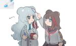  2girls :x animal_ears arknights bangs bear_ears bear_tail black_eyes blue_eyes blue_neckwear brown_hair chibi crying cup english_commentary haqlue highres holding holding_cup holding_toothbrush inset jacket jitome long_hair long_sleeves looking_at_another multicolored_hair multiple_girls neckerchief necktie photo_inset redhead rosa_(arknights) sailor_collar school_uniform silver_hair simple_background streaked_hair tail toothbrush toothpaste upper_body white_background zima_(arknights) 