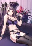  1girl arm_support bare_arms bare_shoulders black_hair black_legwear bra breasts collarbone commentary_request garter_belt hand_up lingerie long_hair looking_at_viewer medium_breasts momoshiki_tsubaki navel original panties parted_lips purple_bra purple_panties sitting solo stomach string_bra string_panties thigh-highs thighs underwear underwear_only wrist_cuffs yellow_eyes 