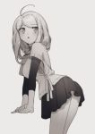  1girl :o ahoge akamatsu_kaede bangs black_skirt blonde_hair breasts commentary_request dangan_ronpa eyebrows_visible_through_hair from_side grey_background greyscale hair_between_eyes hands_together long_hair long_sleeves looking_at_viewer monochrome new_dangan_ronpa_v3 open_mouth sidelocks simple_background skirt solo standing zang_li 