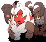  2girls axe axehorn_(ssambatea) baphomet_(niking) borrowed_character claws demon_girl highres horizontal_pupils horns monster_girl multiple_girls original parted_lips pelt pointy_ears red_skin simple_background ssambatea sweatdrop triangle_mouth white_background white_hair wide-eyed yellow_eyes 