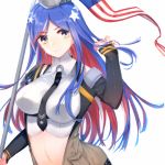  1girl american_flag bangs black_neckwear blue_hair breasts flag folte headgear kantai_collection large_breasts long_hair long_sleeves midriff multicolored_hair navel necktie pocket redhead simple_background smile solo south_dakota_(kantai_collection) star_(symbol) upper_body vest white_background white_hair 