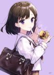  1girl absurdres autumn bag bangs brown_hair closed_mouth commentary_request eating eyebrows_visible_through_hair food from_side highres holding holding_food long_sleeves looking_at_viewer looking_to_the_side original purple_background school_uniform shirt short_hair shoulder_bag simple_background smile solo sweet_potato takenoko_no_you upper_body violet_eyes white_shirt yakiimo 