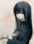  1girl :d black_eyes black_hair cup from_side graphite_(medium) holding holding_tray ka_(marukogedago) long_sleeves looking_at_viewer looking_to_the_side mixed_media open_mouth original smile solo steam sweater teacup traditional_media tray 