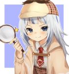  1girl bangs blue_eyes blue_hair brown_capelet brown_skirt closed_mouth collared_shirt commentary cosplay deerstalker detective gawr_gura grey_hair hat high-waist_skirt highres holding_magnifying_glass hololive hololive_english klaius long_hair long_sleeves looking_at_viewer magnifying_glass multicolored_hair mustache_print necktie plaid plaid_skirt purple_background red_neckwear shirt sidelocks skirt smile solo sparkle streaked_hair upper_body v-shaped_eyebrows virtual_youtuber watson_amelia watson_amelia_(cosplay) white_shirt 