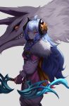  1girl absurdres ahoge black_sclera blue_hair bow bow_(weapon) braid cero_(last2stage) flower fur_trim gloves grey_background grin hair_bow highres holding holding_bow_(weapon) holding_weapon horn_flower horns lamb_(league_of_legends) league_of_legends light_blue_hair long_hair mask orange_bow orange_eyes parted_lips purple_gloves sharp_teeth simple_background slit_pupils smile spirit spirit_blossom_kindred teeth weapon wolf wolf_(league_of_legends) 