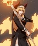  +_+ 1girl black_dress blonde_hair borrowed_character brown_eyes demon_girl dress eyebrows_visible_through_hair fingernails fire gogalking habit highres holding holding_staff horns long_hair long_sleeves looking_at_viewer nun original parted_lips solo staff urushia_(okame_nin) 