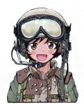  1girl :d akiyama_yukari artist_name bangs brown_jacket camouflage character_name commentary_request cropped_torso girls_und_panzer goggles goggles_on_headwear green_headwear gulf_war headset helmet jacket looking_at_viewer military military_uniform military_vehicle nakamura_3sou name_tag open_mouth operation_desert_storm pilot pilot_helmet pilot_suit pilot_uniform short_hair simple_background smile solo sss uniform united_states_marine_corps upper_body white_background woodland_camouflage 