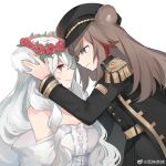  2girls animal_ears arknights artist_request bear_ears bridal_veil bride brown_hair dress hat highres looking_at_another military military_uniform multiple_girls peaked_cap rosa_(arknights) uniform veil wedding_dress weibo_logo white_dress white_hair wife_and_wife yuri zima_(arknights) 