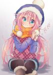  1girl black_legwear blue_eyes blue_headwear brown_footwear hair_between_eyes hands_up kagamihara_nadeshiko kawanobe long_hair orange_scarf pantyhose pink_hair plaid pom_pom_(clothes) scarf short_shorts shorts simple_background sitting smile solo twintails twitter_username yurucamp 