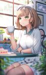  1girl arm_under_breasts asuka_hina bangs beret blunt_bangs blurry blush bokeh bow brown_hair brown_legwear cake cake_slice chair closed_mouth collared_shirt cup depth_of_field dress_shirt elbows_on_table feet_out_of_frame food green_eyes hair_bow hair_ornament hairband hand_up hat highres holding holding_cup indoors long_sleeves looking_at_viewer nijisanji painting_(object) picture_frame plant polka_dot_skirt potted_plant restaurant saucer shirt short_hair sitting skirt sleeves_rolled_up smile solo suraimu_(suraimuraimu) table thigh-highs virtual_youtuber white_shirt white_skirt window windowsill zettai_ryouiki 