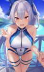  1girl bare_shoulders blue_sky blush breasts command_spell commentary covered_nipples cowboy_shot day fate/grand_order fate_(series) grey_hair hair_between_eyes highres holding_hands interlocked_fingers kazami_chiu large_breasts leaning_forward long_hair looking_at_viewer one-piece_swimsuit open_mouth out_of_frame outdoors ponytail pov red_eyes skindentation sky solo_focus swimsuit thigh_gap thigh_strap tomoe_gozen_(fate/grand_order) tomoe_gozen_(swimsuit_saber)_(fate) two-tone_swimsuit very_long_hair wet 