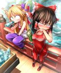  2girls bamboo bangs bare_shoulders bodysuit bow breasts bridge brown_hair covered_navel hair_bow hair_tubes hakurei_reimu highres horn_bow horns ibuki_suika long_hair looking_at_breasts low-tied_long_hair medium_breasts medium_hair multiple_girls orange_hair ramune red_bodysuit river riverbank shimizu_pem sidelocks skin_tight staring sweat touhou uri very_long_hair 