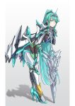  1girl bangs breasts earrings full_body gem gradient gradient_background green_eyes green_hair grey_background high_heels highres jewelry large_breasts leaning_forward long_hair long_ponytail pneuma_(xenoblade) ponytail sarasadou_dan solo standing swept_bangs sword tiara very_long_hair weapon white_background xenoblade_chronicles_(series) xenoblade_chronicles_2 
