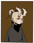  1girl blonde_hair border borrowed_character brown_background closed_mouth gogalking hair_bun hair_ornament hairpin horns iga_(okame_nin) original pointy_ears red_eyes short_hair simple_background solo upper_body white_border 