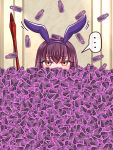  ... 1girl dog_tags fate/grand_order fate_(series) gae_bolg long_hair looking_at_viewer piercing_bunny polearm purple_hair red_eyes scathach_(fate)_(all) scathach_(fate/grand_order) solo spear spoken_ellipsis too_many weapon yakisobapan_tarou_&amp;_negitoro-ko 