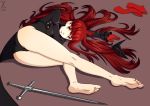  1girl absurdres alternate_hairstyle barefoot black_jacket black_leotard breasts feet gloves highres jacket leotard long_hair looking_at_viewer lying on_side persona persona_5 persona_5_the_royal rapier red_eyes red_gloves redhead signature solo sword thighs very_long_hair weapon x_xith_x yoshizawa_kasumi 