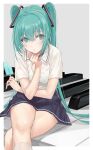  1girl alternate_costume aqua_eyes aqua_hair blush border bra_through_clothes bralines choker commentary crossed_legs fingernails food hair_between_eyes hatsune_miku highres kneehighs long_fingernails long_hair looking_at_viewer mexifime outside_border piano_keys popsicle see-through shirt solo thighs twintails vocaloid wet wet_clothes wet_shirt white_border white_legwear 