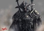  1boy armor black_cape breastplate cape chain cross deadspike_nine fog full_armor helm helmet male_focus original pauldrons shoulder_armor signature solo spiked_helmet spikes sword upper_body weapon weapon_on_back 