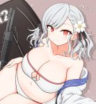  1girl absurdres bare_shoulders breasts collarbone curvy girls_frontline grey_hair highres large_breasts navel office red_eyes risshu solo spas-12_(girls_frontline) 