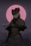  1girl absurdres belt black_gloves bloodborne braid character_request coat double-breasted floating_hair full_moon gloves gogalking grey_capelet grey_coat hand_up hat highres holding holding_weapon looking_at_viewer moon multiple_belts parted_lips pink_moon red_eyes single_braid solo standing tricorne weapon white_hair 