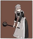  1girl apron black_dress border brown_background closed_mouth dress frown gogalking grey_hair hairband highres holding holding_weapon jitome leaning_forward long_hair long_sleeves mace maid maid_apron maid_headdress original red_eyes simple_background solo sparkle spiked_mace weapon white_apron white_border 