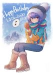  1girl artist_name boots brown_footwear brown_gloves coat dated day denim eighth_note full_body gloves happy_birthday invisible_chair kawanobe looking_at_viewer mount_fuji musical_note purple_hair scarf shima_rin sitting snowflakes solo spoken_musical_note violet_eyes winter_clothes winter_coat yurucamp 