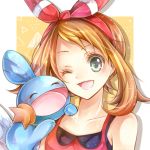  1girl ;d blonde_hair border bow bow_hairband collarbone gen_3_pokemon green_eyes hair_bow hairband highres long_hair may_(pokemon) mudkip on_shoulder one_eye_closed open_mouth outside_border pokemon pokemon_(creature) pokemon_(game) pokemon_on_shoulder pokemon_oras portrait red_bow red_hairband shiny shiny_hair sleeveless smile solo starter_pokemon white_border yomogi_(black-elf) 