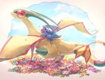  blue_eyes claws closed_mouth clouds commentary_request fangs flower flygon gen_3_pokemon gen_4_pokemon gible grass highres looking_back nagakura_(seven_walkers) open_mouth petals pokemon pokemon_(creature) pokemon_on_back smile tail tongue 