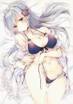  1girl ass_visible_through_thighs azur_lane bikini black_choker braid breasts choker crown_braid dunkerque_(azur_lane) dunkerque_(summer_sucre)_(azur_lane) eyebrows_visible_through_hair front-tie_bikini front-tie_top grey_hair looking_at_viewer lying marker_(medium) medium_breasts navel on_back panties purple_bikini red_eyes see-through solo swimsuit thingtng_(sgma7424) traditional_media underwear untied untied_bikini 