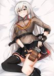  1girl absurdres asymmetrical_legwear belt black_belt black_gloves black_legwear black_skirt blush breasts brown_jacket closed_mouth eyebrows_visible_through_hair flask girls_frontline gloves grey_eyes grey_hair hair_ribbon highres holding_flask holster huge_filesize jacket jewelry long_hair lying medium_breasts muteppona_hito on_back partly_fingerless_gloves ribbon ring shirt silver_hair simple_background skirt smile solo svd_(girls_frontline) thigh-highs uniform white_shirt 