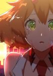  1girl bangs collarbone crying crying_with_eyes_open detached_collar freyja_wion green_eyes hair_between_eyes hair_ornament highres macross macross_delta medium_hair necktie open_mouth orange_hair portrait pote-mm red_neckwear sleeveless solo tears 