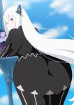  1girl ass back bangs black_capelet black_dress blue_sky blush breasts butterfly_hair_ornament capelet closed_mouth dress echidna_(re:zero) hair_ornament hara_(harayutaka) highres large_breasts long_hair long_sleeves looking_at_viewer looking_back re:zero_kara_hajimeru_isekai_seikatsu silver_hair sky smile striped thighs vertical-striped_dress vertical_stripes violet_eyes white_eyelashes white_hair 