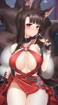  1girl absurdres akagi_(azur_lane) akagi_(blushing_intoxication)_(azur_lane) animal_ear_fluff animal_ears azur_lane bangs bare_shoulders bead_bracelet beads black_choker black_gloves blunt_bangs blurry blurry_background blush bracelet breasts breasts_apart brown_hair champagne_flute choker chromatic_aberration commentary_request cowboy_shot criss-cross_halter cup depth_of_field dress dress_lift drinking_glass eyebrows_visible_through_hair fingerless_gloves fingernails fox_ears fox_girl fox_tail glint gloves groin half_gloves halterneck hand_up highres holding holding_cup indoors jewelry kitsune large_breasts lifted_by_self long_fingernails long_hair looking_at_viewer multiple_tails no_panties o-ring parted_lips red_dress red_eyes seele0907 shiny shiny_hair sideways_glance sleeveless sleeveless_dress solo standing tail thigh_gap very_long_hair 