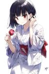  1girl bangs black_hair blunt_bangs blush candy_apple closed_mouth commentary_request eyebrows_visible_through_hair floral_print food hair_tucking highres holding holding_food japanese_clothes kimono long_sleeves looking_at_viewer obi original red_eyes sash school_uniform short_hair simple_background solo takenoko_no_you white_background white_kimono wide_sleeves yukata 