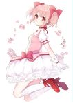  1girl bow breasts bubble_skirt choker closed_mouth flower from_side gloves hair_bow high_heels highres kaname_madoka kneehighs light_blush looking_at_viewer magical_girl mahou_shoujo_madoka_magica mochiko_(uyu_omochi) pink_eyes pink_flower pink_hair puffy_short_sleeves puffy_sleeves red_choker red_footwear ribbon_choker shoes short_sleeves skirt small_breasts smile solo soul_gem twintails white_gloves white_legwear 