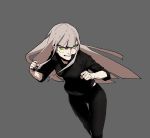  1girl angry black_pants black_shirt breasts bright_pupils bruise clenched_hands clenched_teeth gogalking green_eyes grey_background grey_hair highres incoming_punch injury leaning_forward long_hair looking_at_viewer medium_breasts original pants shirt simple_background solo teeth white_pupils 