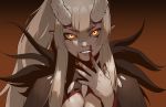  1girl blood blood_on_face bloody_hands borrowed_character brown_background commentary english_commentary eyebrows_visible_through_hair facial_mark fingernails gogalking gradient gradient_background grey_hair hair_between_eyes hand_up head_tilt highres horns iga_(okame_nin) long_hair looking_at_viewer orange_eyes original pointy_ears ponytail red_nails shaded_face smile solo upper_body 