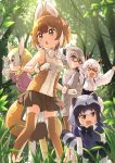  &gt;_&lt; 5girls animal_ears anteater_ears arms_up black_gloves black_hair black_neckwear black_skirt blonde_hair blue_sweater bow bowtie brown_legwear brown_skirt common_raccoon_(kemono_friends) dhole_(kemono_friends) dog_ears dog_girl dog_tail elbow_gloves fennec_(kemono_friends) fox_ears fox_girl fox_tail fur_collar glasses gloves grey_gloves grey_hair grey_legwear grey_sweater kemono_friends kemono_friends_3 light_brown_hair long_sleeves meerkat_(kemono_friends) meerkat_ears meerkat_tail multicolored_hair multiple_girls namori official_art pantyhose pink_sweater pleated_skirt puffy_short_sleeves puffy_sleeves raccoon_ears raccoon_girl raccoon_tail short_hair short_sleeves skirt sleeveless southern_tamandua_(kemono_friends) sweater tail thigh-highs white_gloves white_hair white_legwear white_neckwear zettai_ryouiki 