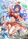  1girl beach bikini blue_eyes blue_hair blue_sky clouds company_name copyright_name fire_emblem fire_emblem:_the_binding_blade fire_emblem_cipher fire_emblem_heroes horse lilina_(fire_emblem) long_hair official_art open_mouth palm_tree senchat sky solo swimsuit tree water 