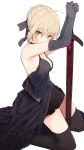 1girl armpits artoria_pendragon_(all) bare_shoulders black_dress black_ribbon blonde_hair braid breasts dress elbow_gloves excalibur_morgan fate/grand_order fate/stay_night fate_(series) french_braid from_side gloves highres kneeling looking_at_viewer medium_breasts mieharu planted_weapon ribbon saber_alter solo thigh-highs weapon white_background yellow_eyes 