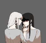  2girls black_hair blue_eyes closed_mouth earrings gogalking grey_background grey_shirt hand_on_another&#039;s_chin highres hoop_earrings jewelry looking_at_viewer looking_back multiple_girls original polar_opposites red_eyes shirt simple_background white_hair 